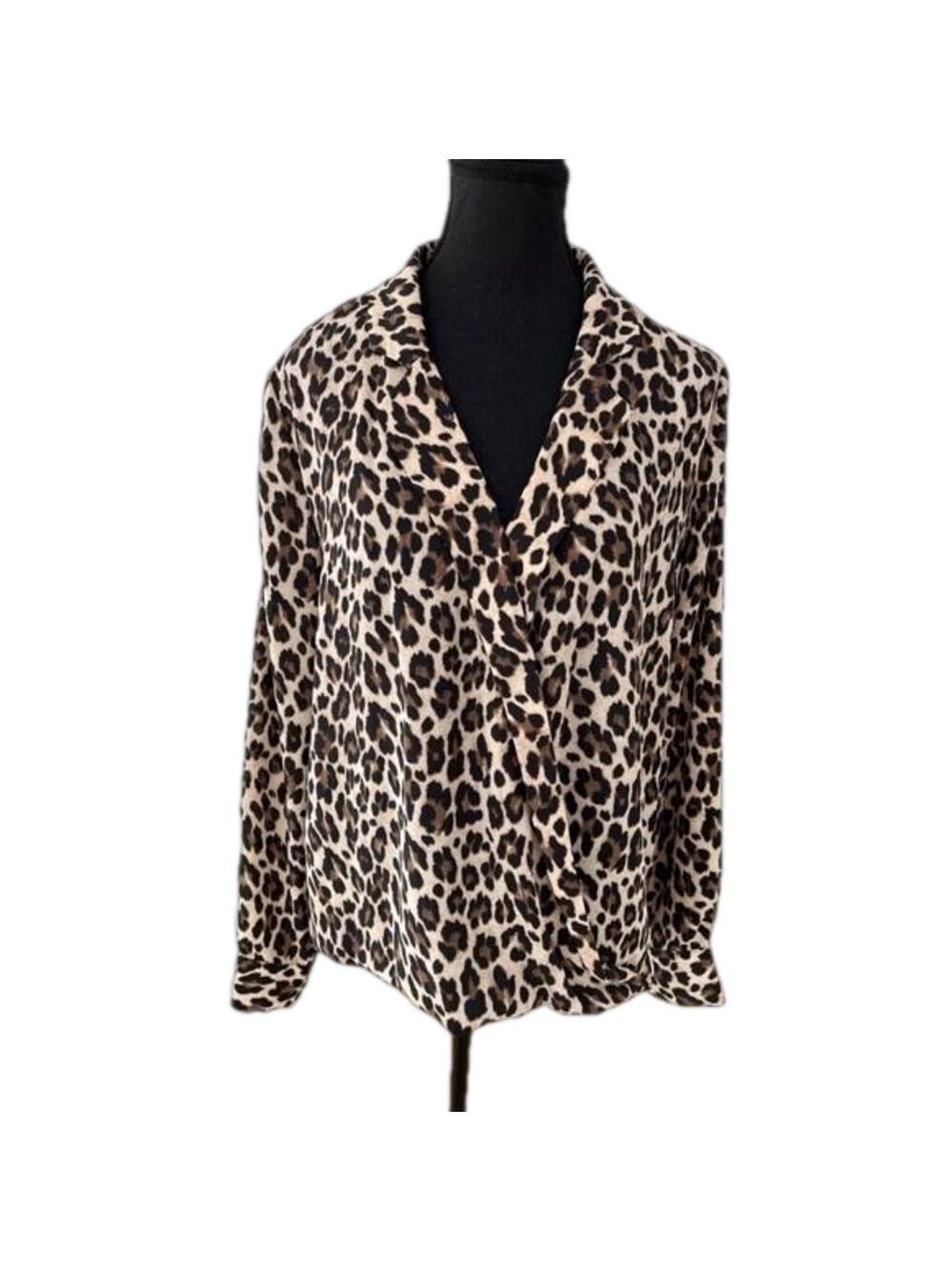 VINCE CAMUTO Leopard Print V Neck Wrap Front Long Sleeve Blouse Party Event Chic